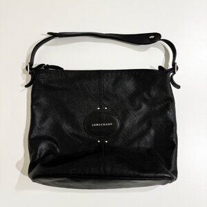 Longchamp Quadri Hobo Leather Shoulder Bag Black Silver